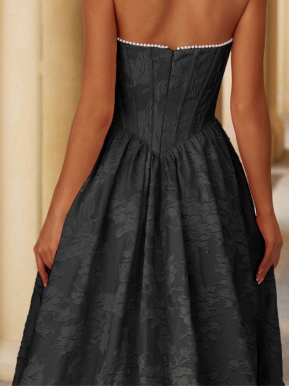 Strapless Black Jacquard Evening Gown with Side Slit - Picture 2 of 2
